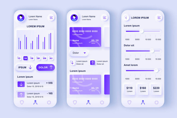 Smart banking unique neumorphic design kit. Financial app for credit card balance, money flow analytics and transaction. Online bank account UI, UX template set. GUI for responsive mobile application. - Vector, Image