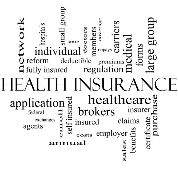 Health Insurance Word Cloud Concept in black and white - Photo, Image