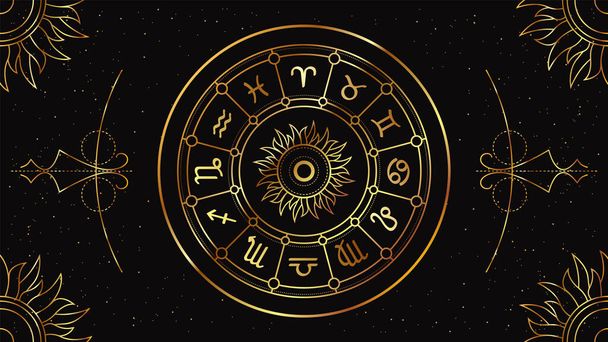 Cerchio zodiacale con segni astrologici su sfondo nero con motivo geometrico dorato
. - Vettoriali, immagini