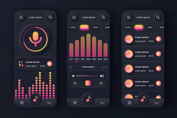 Music player unique neumorphic black design kit. Music app with voice recording, graphic equalizer and compositions playlist. Music listening UI, UX template set. GUI for responsive mobile application - Vector, Image