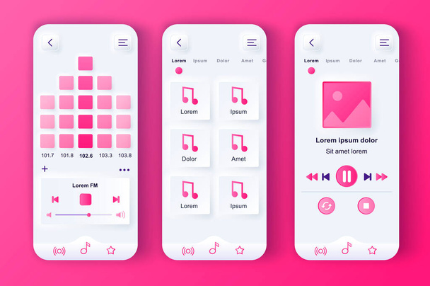 Muziekspeler unieke neumorfe roze design kit. Audio app met grafische equalizer, playlist navigatie en FM radio schermen. Muziek luisteren UI, UX template set. GUI voor responsieve mobiele applicatie. - Vector, afbeelding