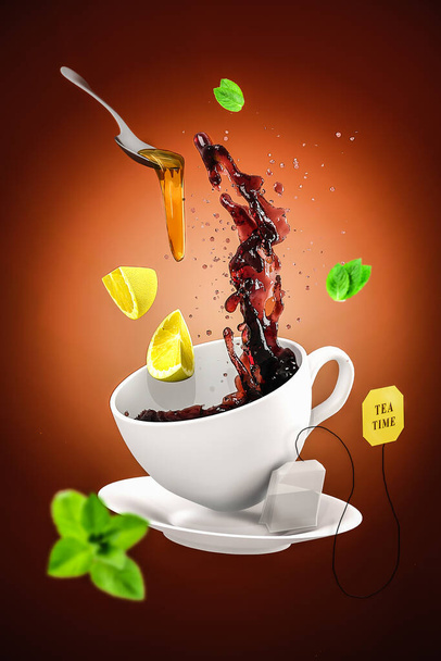 Limonlu ve ballı bir fincan çayın 3 boyutlu çizimi - Fotoğraf, Görsel