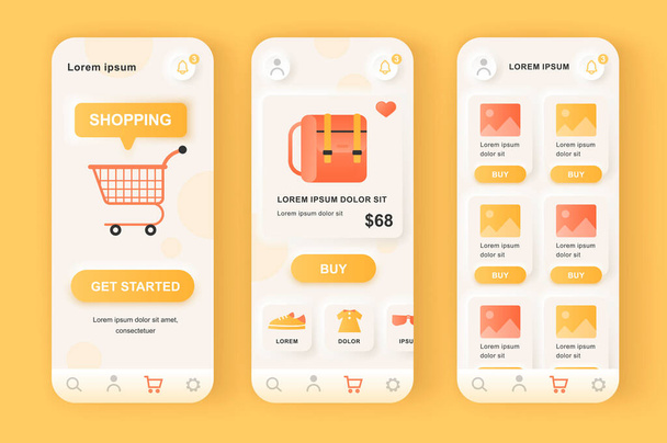 Online shopping solution unique neumorphic design kit. Shopping app with product photo, description and price. Internet marketplace platform UI, UX template set. GUI for responsive mobile application. - Vector, Image