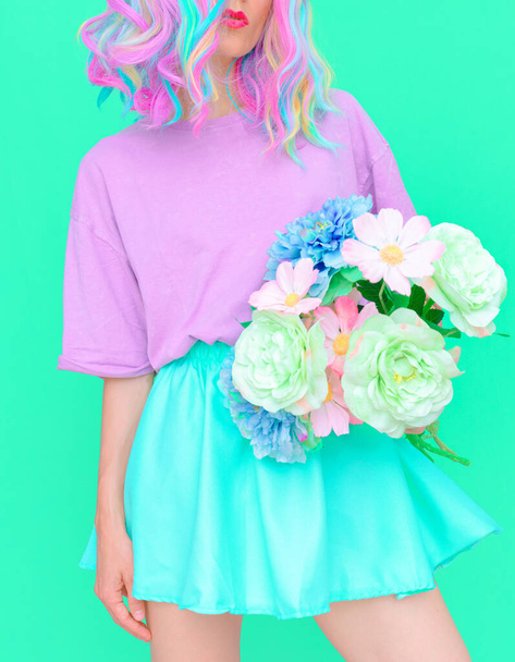 Blooming Summer look. Vanilla flowers Girl. Kawaii vibes.  Candy colors design trends - Φωτογραφία, εικόνα