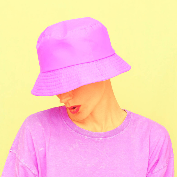 Urban Summer Fashion Girl. Candy colors design. Bucket hat trends - Photo, image