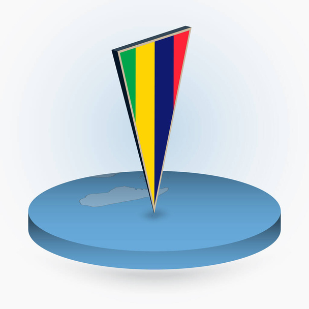 Mauritius map in round isometric style with triangular 3D flag of Mauritius, vector map in blue color.  - Vector, Imagen