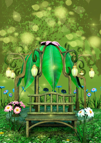 Fantasie sprookjesachtige scène van een weide met een prieel, broek en bloemen.  - Foto, afbeelding