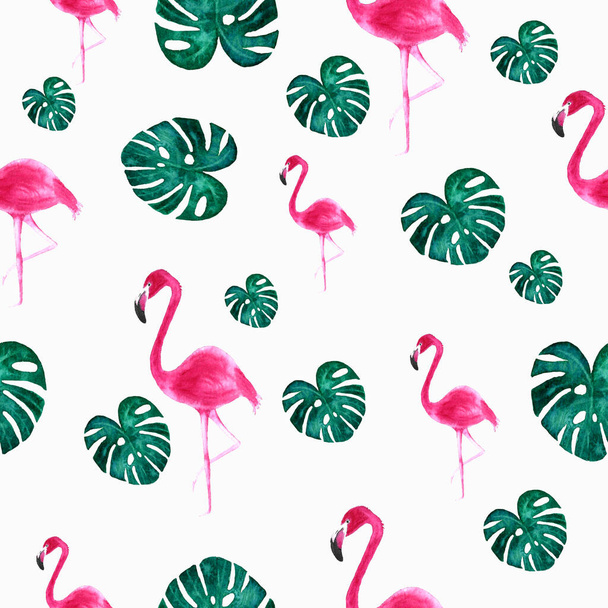 Tropical pattern with Flamingo bird, green leaves monstera for packaging paper - Photo, Image