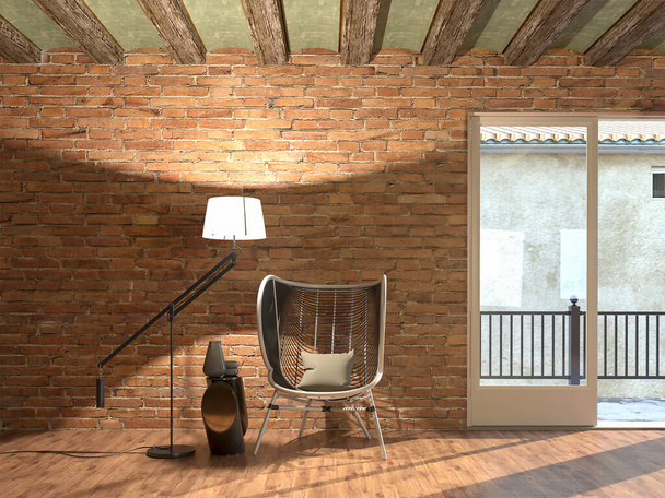 3d rendering van nieuwe loft interieur met fauteuil en lamp - Foto, afbeelding