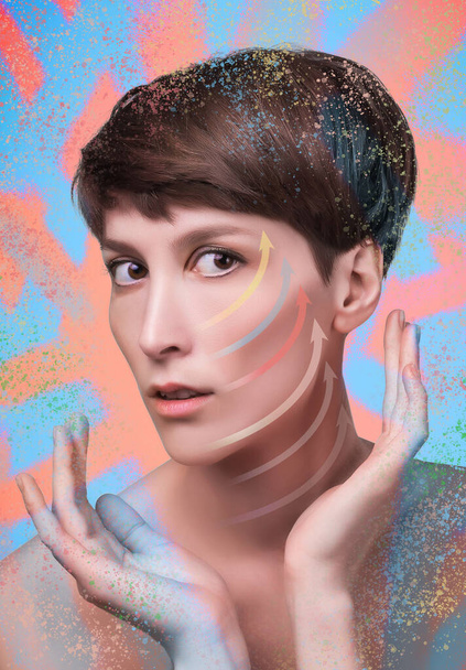 The lifting, skin, plastic surgery concept. Woman face with marks and arrows. Art collage. Short haircut, long neck, perfect skin. Lifting by gold thread concept - Photo, Image