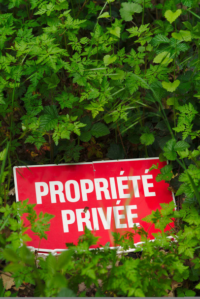 κόκκινη πινακίδα "ιδιωτική περιουσία" στα πράσινα φύλλα - Φωτογραφία, εικόνα