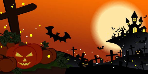 Halloween background of haunted castle with creepy tree on the hill in graveyard with many Halloween pumpkin lanterns with full moon on orange sky with flying bats. Vector illustration. - Vector, Image
