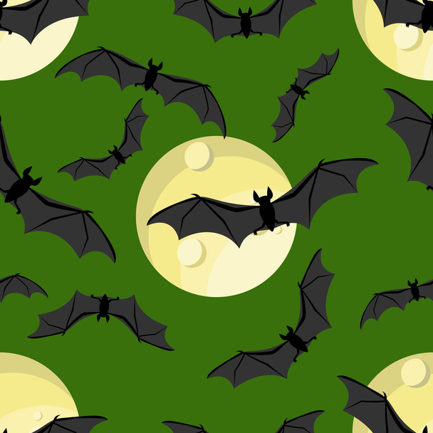 Хеллоуїн безшовний візерунок летючих кажанів і повний місяць на зеленому тлі. Векторні ілюстрації
. - Вектор, зображення