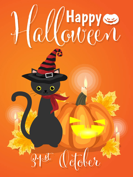 Halloween sfondo di gattino in costume da strega con Halloween zucca lanterna, candela e felice Halloween 31 ottobre testo su sfondo arancione. Illustrazione vettoriale
. - Vettoriali, immagini