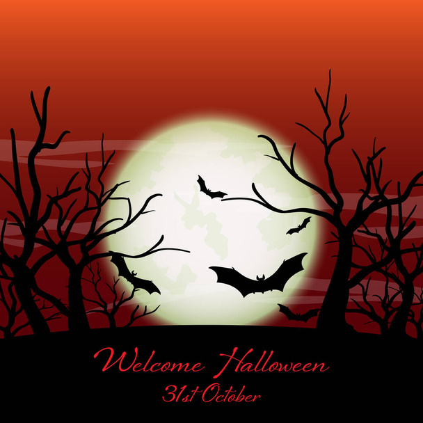 Halloween hátborzongató erdő repülő denevérek és telihold ég és Üdvözöljük Halloween szöveget. Vektor illusztrációja Halloween háttér. - Vektor, kép