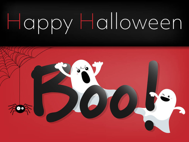 Halloween Hintergrund von Halloween Geist mit Boo! Text, Spinne mit Spinnweben und Happy Halloween Text. Vektor Illustration Design für Einladung zur Party oder Grußkarte oder Banner. - Vektor, Bild