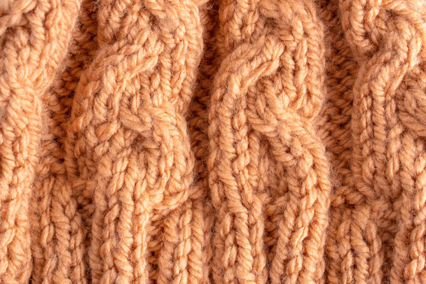 ウール手ニットパターン。オレンジウール編みのテクスチャの背景、手作りのテクスチャ - 写真・画像