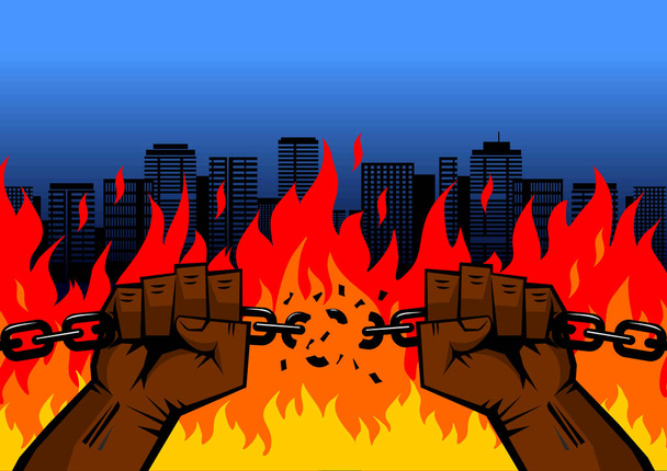 Чорні кулаки, чоловіки, роздерли ланцюг серед міської пожежі. Символ вуличних протестів. Знак гніву, сили, протесту, боротьби. Ілюстрація, вектор
 - Вектор, зображення