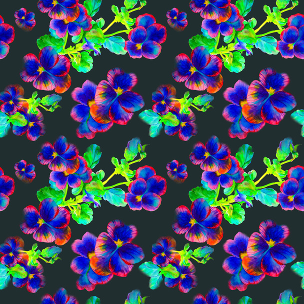 Pintura de acuarela, composición de ramos de flores de viola sobre fondo negro. Raster fondo sin costuras de pétalos e inflor
 - Foto, Imagen