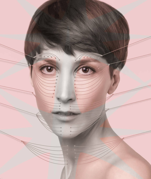 The lifting, skin, plastic surgery concept. Woman face with marks and arrows. Art collage. Short haircut, long neck, perfect skin. Lifting by gold thread concept - Foto, Bild