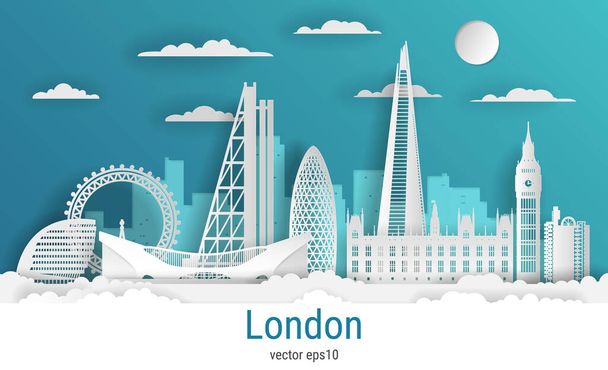 Papír vágott stílus London város, fehér színű papír, vektor állomány illusztráció. Városkép híres épületekkel. Skyline London város összetétele design. - Vektor, kép