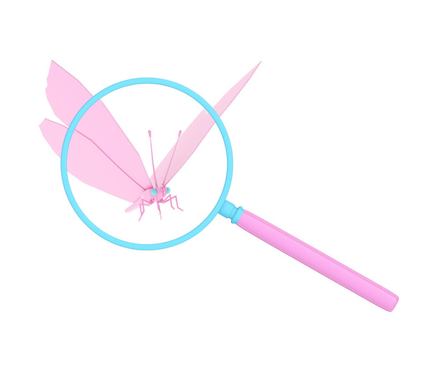 a pink low-poly butterfly under a magnifying glass, 3d render - Valokuva, kuva