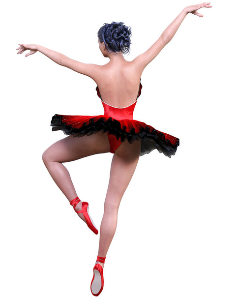 Dancing ballerina.Red ballet tutu.Dark hair girl blue eyes.Ballet street dancer.Studio photography.High key.Conceptual fashion art.3D render isolate illustration. - Photo, Image