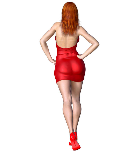 Beautiful redhead woman red short evening mini dress.Summer clothes collection.Bright makeup.Woman studio photography.Conceptual fashion art.Femme fatale.3D Render. - Zdjęcie, obraz