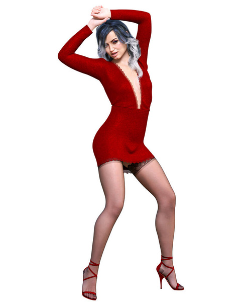 Beautiful woman red short evening mini dress and black stockings.Summer clothes collection.Bright makeup.Woman studio photography.Conceptual fashion art.Seductive candid pose.Femme fatale.3D Render. - 写真・画像