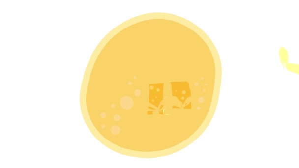 Springing στοιχείο που κινείται μια παραγγελία για να συνθέσει δροσερό σκίτσο ταπετσαρία γενεθλίων με μια ομάδα από κουτιά δώρων διαφορετικού χρώματος και μεγέθους Pout μαζί πάνω από ένα κίτρινο στρογγυλό φόντο που θυμίζει τον ήλιο - Πλάνα, βίντεο