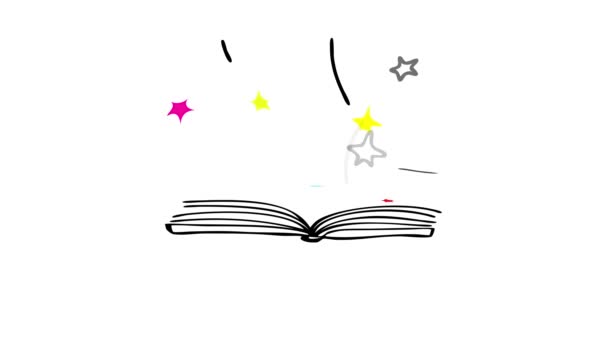 Motion Of Elements Forming Open Book With Glowing Stars Emerging From The Pages che suggerisce che contiene storie fantasy su un mago con elementi mistici e magici che stimolano l'immaginazione dei bambini - Filmati, video