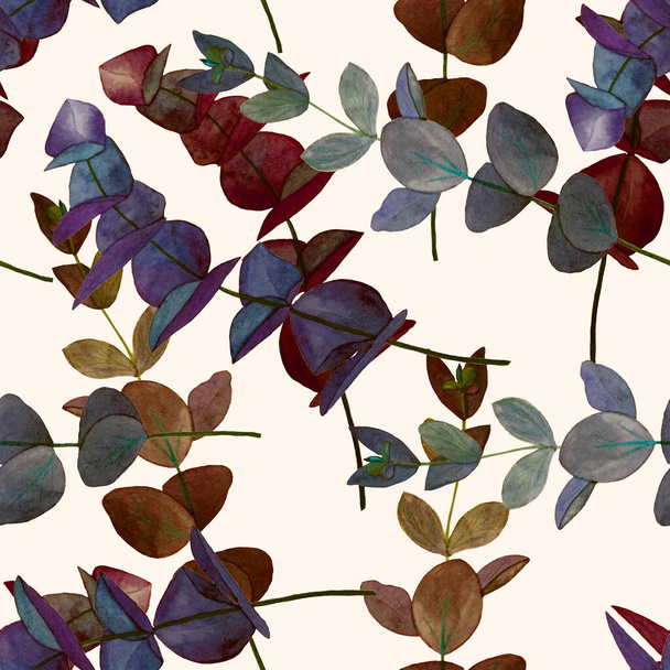 Watercolor seamless pattern with eucalyptus branch. Leaf background. Floral vintage decoration. Can be used for any kind of a design. - Фото, изображение