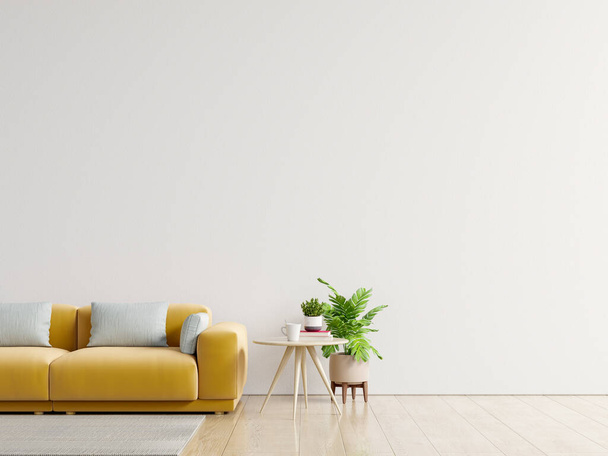 Pusty salon z żółtą sofą, roślinami i stołem na pustym białym tle ściany. Renderowanie 3D - Zdjęcie, obraz
