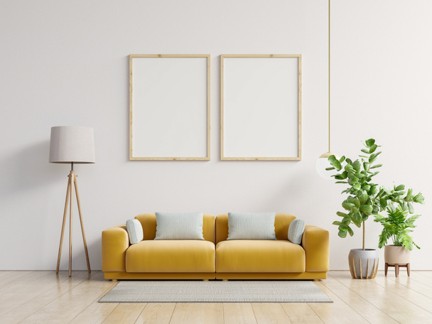 Αφίσα mockup με κάθετο πλαίσιο που στέκεται στο πάτωμα στο εσωτερικό του σαλονιού με κίτρινο καναπές.3D rendering - Φωτογραφία, εικόνα
