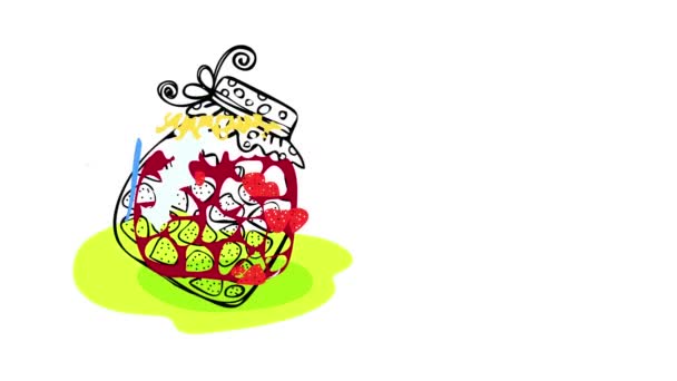 Inerciální pohyb jednoduchých prvků formování předkrm jahodový džem na Rustikální domácí styl sklenice s lahodnými bobulemi plovoucí uvnitř na červené želé naznačuje jeho sladké léčit jíst s krekry - Záběry, video