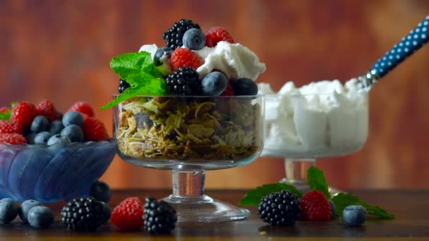 Grain free paleo granola breakfast serving with coconut milk and fresh fruit. - Záběry, video