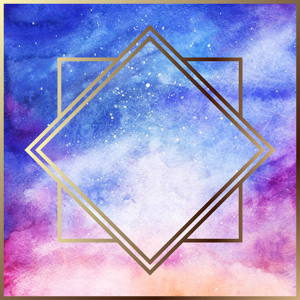 Watercolor starry space galaxy nebula art deco golden geometric frame border abstract background texture pattern - Fotografie, Obrázek