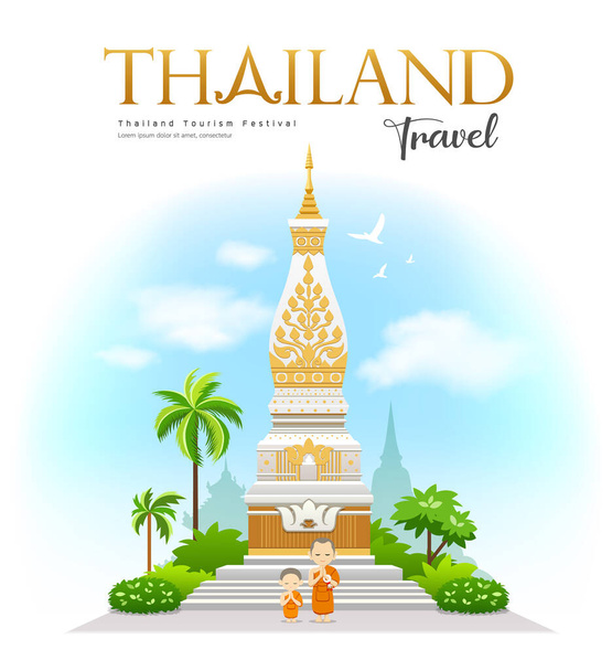 Wat Phra That Phanom, Nakhon Phanom Province, Beautiful of Thailand Holy place, With welcoming monks and novices design, background, vector illustration - Вектор, зображення