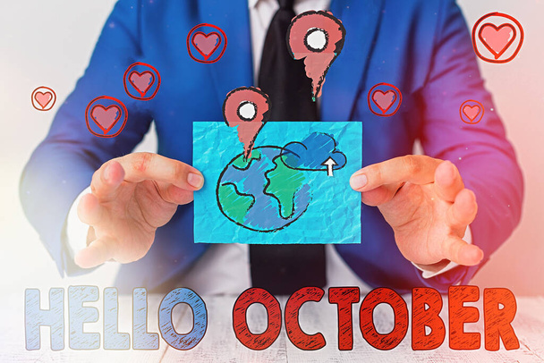 Escribiendo nota mostrando Hello October. Foto de negocios mostrando el saludo utilizado al dar la bienvenida al décimo mes del año
. - Foto, imagen