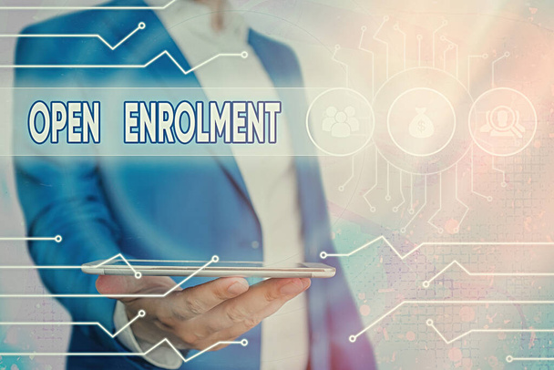 Text sign showing Open Enrolment. Conceptual photo allows the application of health insurance within the period. - Photo, Image