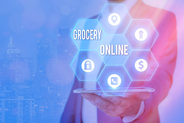 Handschrift Text Lebensmittelgeschäft Online. Konzept bedeutet digitale Version des Supermarktes, der Online-Bestellungen akzeptiert. - Foto, Bild