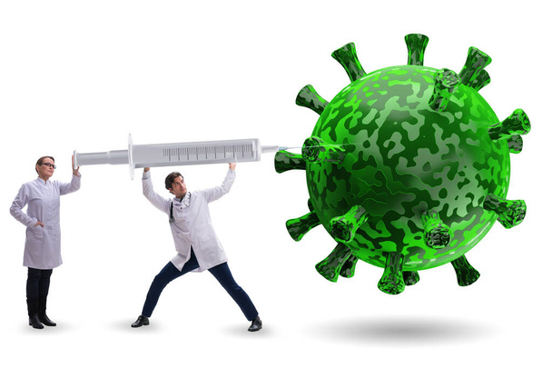 Concepto de vacuna contra el coronavirus covid-19 con médicos y jeringa
 - Foto, Imagen
