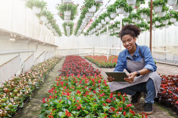 Modern technológiák a gazdák és a növekvő virágok számára. Lány tablettával a kezében ül a virágok közelében - Fotó, kép