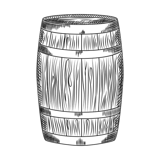 Hand drawn alcohol wood barrel. Barrel isolated on white background. Engraving style. Vector illustration - Διάνυσμα, εικόνα
