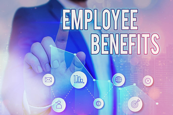 Notiz über die Vorteile für die Mitarbeiter. Geschäftsfoto zeigt Form der Vergütung, die Arbeitgeber an Arbeitnehmer zahlen. - Foto, Bild