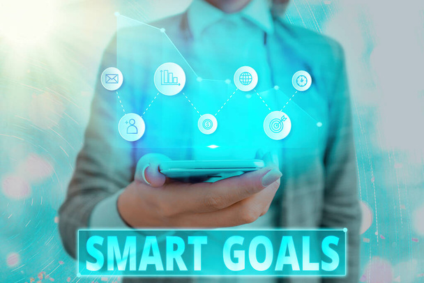 Text sign showing Smart Goals. Conceptual photo mnemonic used as a basis for setting objectives and direction. - Photo, Image