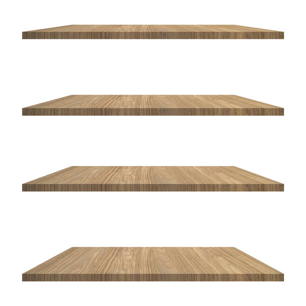 4 Mesa de estantes de madera aislada sobre fondo blanco y montaje de pantalla para producto. - Foto, Imagen