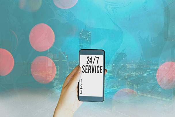 Conceptual hand writing showing 24 Or7 Service. Business photo text providing an assistance that is available all the time. - Photo, Image