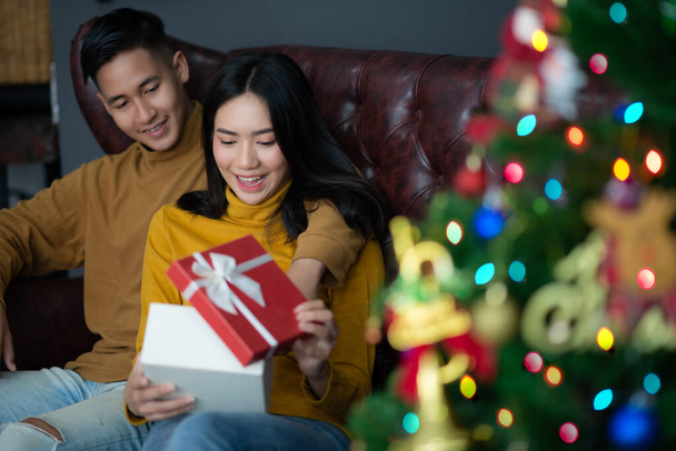 Mann schenkt Weihnachtsgeschenkbox an Mädchen friend.Frohe Weihnachten und ein glückliches neues Jahr - Foto, Bild