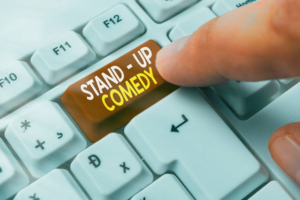 Conceptual hand writing showing Stand up Comedy. Business photo showcasing a comic style where a comedian recites humorous stories. - Photo, Image